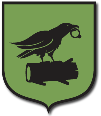 This is the Corwin Arms logo. It features a raven standing on a log while holding a ring in its beak
